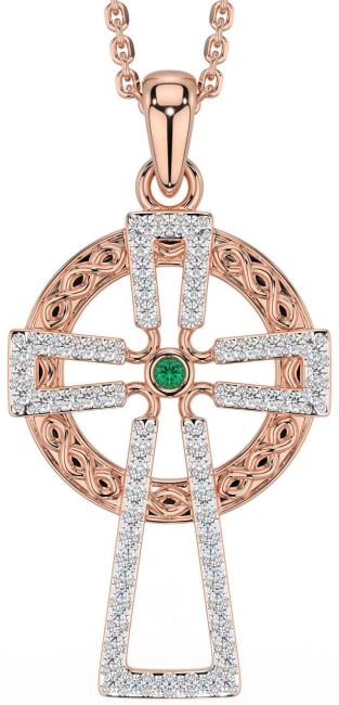 Diamond Emerald Rose Gold Celtic Cross Necklace