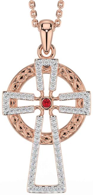 Diamond Ruby Rose Gold Celtic Cross Necklace