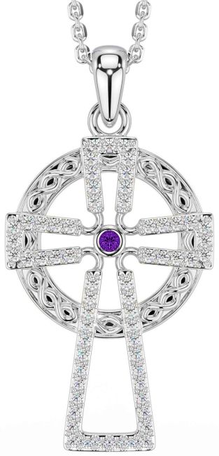 Diamond Amethyst Silver Celtic Cross Necklace