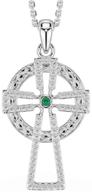 Diamond Emerald Silver Celtic Cross Necklace