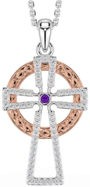 Diamond Amethyst Rose Gold Silver Celtic Cross Necklace