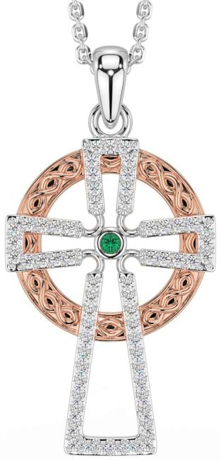 Diamond Emerald Rose Gold Silver Celtic Cross Necklace