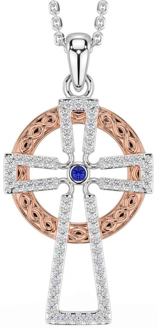 Diamond Sapphire Rose Gold Silver Celtic Cross Necklace