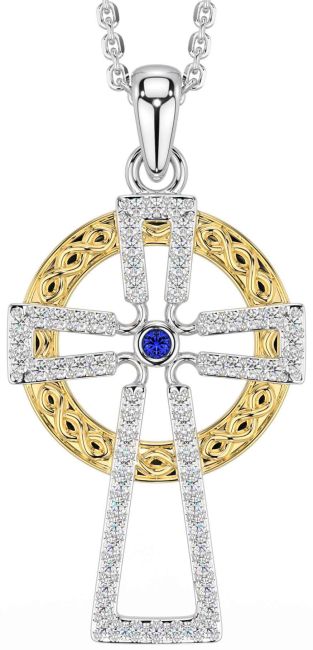 Diamond Sapphire Gold Silver Celtic Cross Necklace
