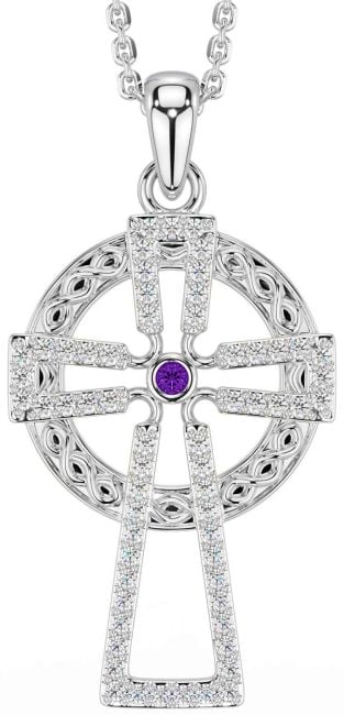 Diamond Amethyst White Gold Celtic Cross Necklace