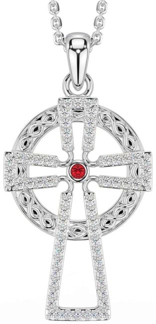 Diamond Ruby White Gold Celtic Cross Necklace