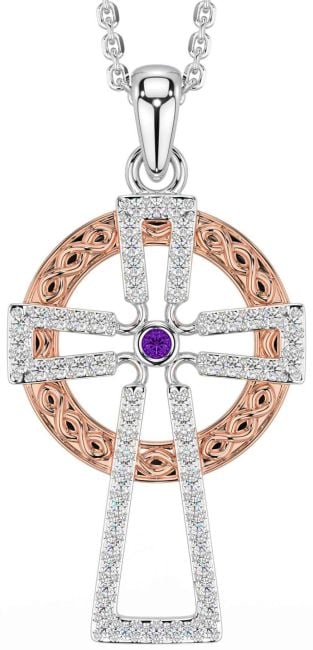 Diamond Amethyst White Rose Gold Celtic Cross Necklace