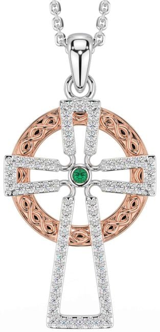 Diamond Emerald White Rose Gold Celtic Cross Necklace