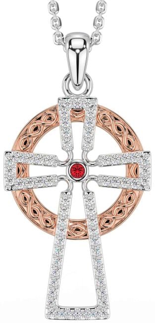 Diamond Ruby White Rose Gold Celtic Cross Necklace