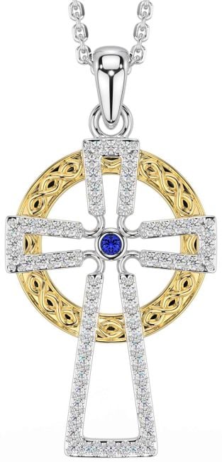 Diamond Sapphire White Yellow Gold Celtic Cross Necklace