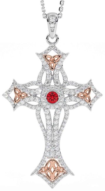 Large Diamond Ruby Rose Gold Silver Celtic Cross Trinity Knot Necklace