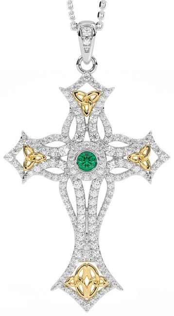 Large Diamond Emerald Gold Silver Celtic Cross Trinity Knot Necklace