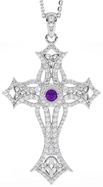 Large Diamond Amethyst Silver Celtic Cross Trinity Knot Necklace