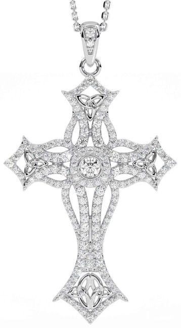 Large Diamond Silver Celtic Cross Trinity Knot Necklace