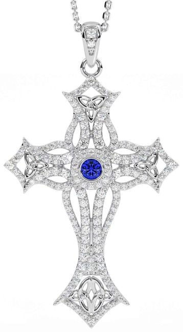 Large Diamond Sapphire Silver Celtic Cross Trinity Knot Necklace