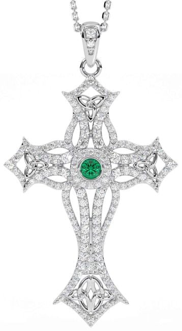 Large Diamond Emerald White Gold Celtic Cross Trinity Knot Necklace