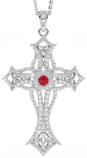 Large Diamond Ruby White Gold Celtic Cross Trinity Knot Necklace