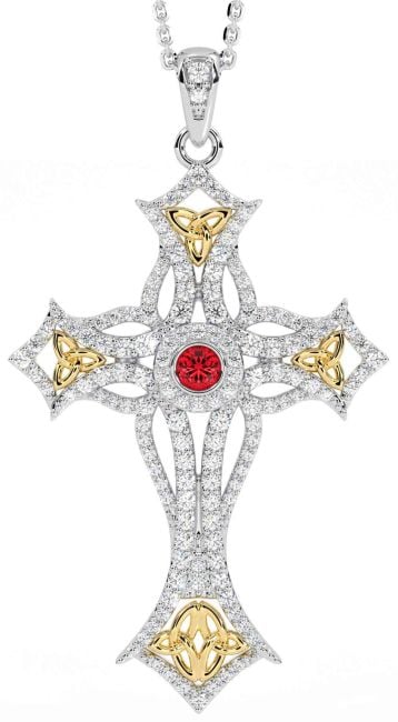 Large Diamond Ruby White Yellow Gold Celtic Cross Trinity Knot Necklace