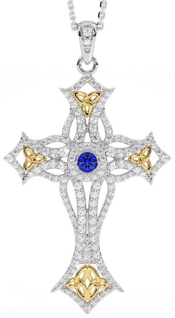 Large Diamond Sapphire White Yellow Gold Celtic Cross Trinity Knot Necklace