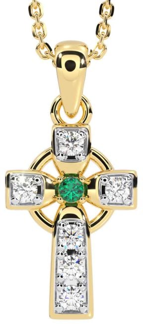 Diamond Emerald Gold Silver Celtic Cross Necklace