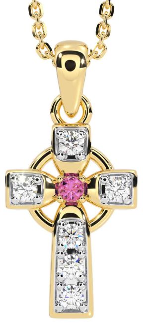 Diamond Pink Tourmaline Gold Silver Celtic Cross Necklace