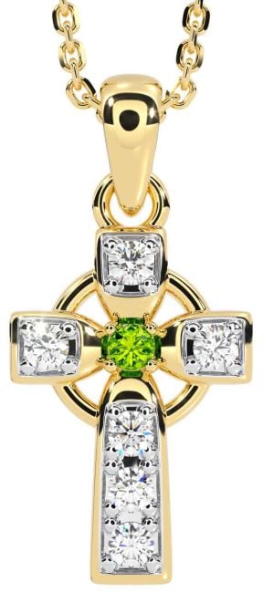 Diamond Peridot Gold Silver Celtic Cross Necklace