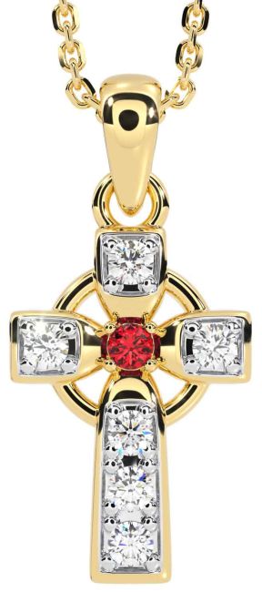 Diamond Ruby Gold Silver Celtic Cross Necklace