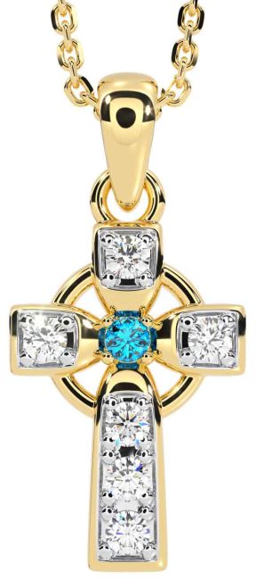 Diamond Topaz Gold Silver Celtic Cross Necklace