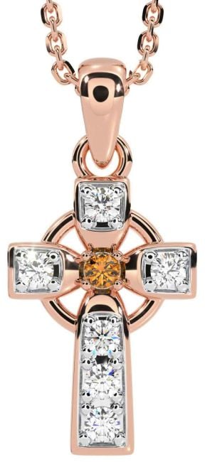 Diamond Citrine Rose Gold Celtic Cross Necklace