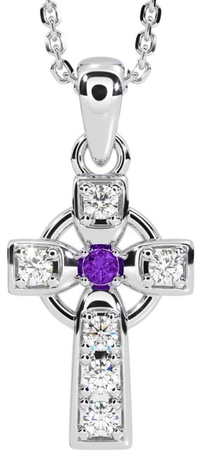 Diamond Amethyst Silver Celtic Cross Necklace