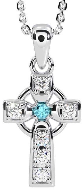 Diamond Aquamarine Silver Celtic Cross Necklace