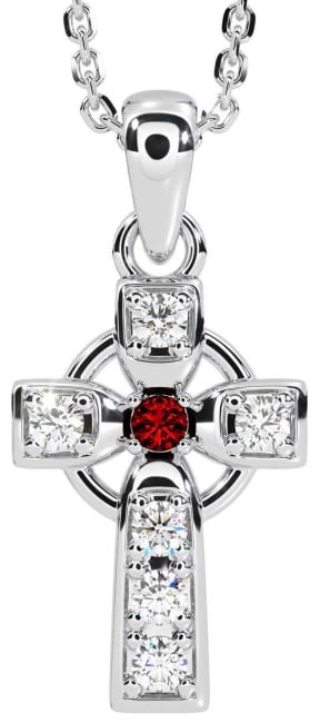 Diamond Garnet Silver Celtic Cross Necklace