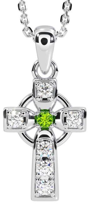 Diamond Peridot Silver Celtic Cross Necklace