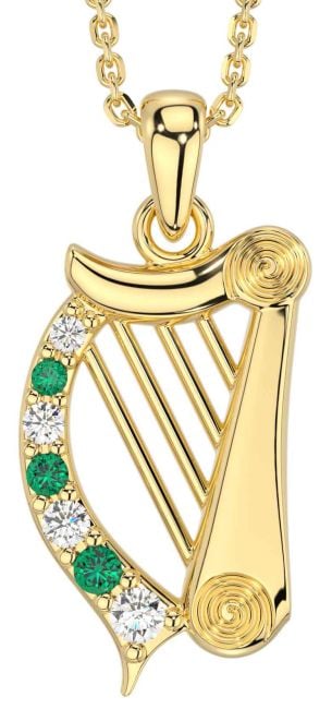 Diamond Emerald Gold Celtic Irish harp Necklace