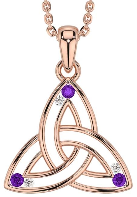 Diamond Amethyst Rose Gold Celtic Trinity Knot Necklace