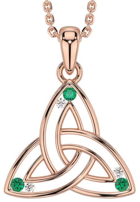 Diamond Emerald Rose Gold Celtic Trinity Knot Necklace