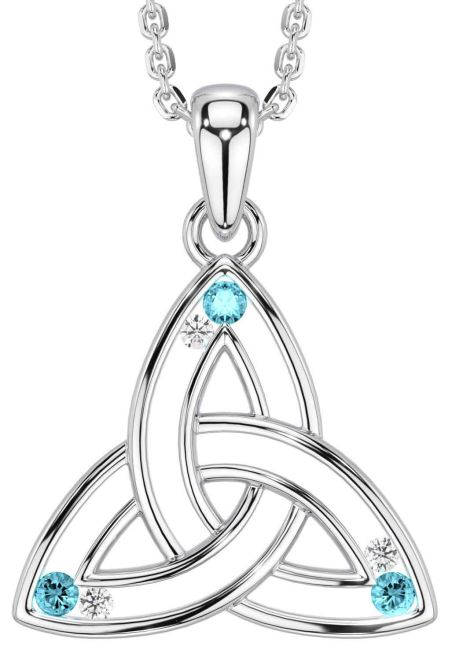 Diamond Aquamarine White Gold Celtic Trinity Knot Necklace