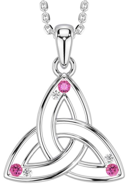 Diamond Pink Tourmaline White Gold Celtic Trinity Knot Necklace