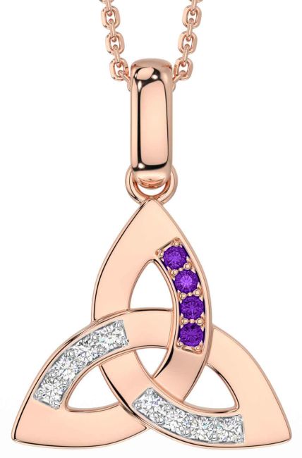 Diamond Amethyst Rose Gold Silver Celtic Trinity Knot Necklace