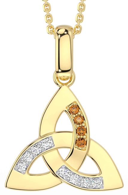 Diamond Citrine Gold Silver Celtic Trinity Knot Necklace