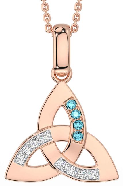 Diamond Aquamarine Rose Gold Celtic Trinity Knot Necklace