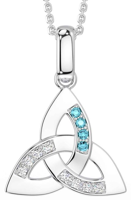 Diamond Aquamarine White Gold Celtic Trinity Knot Necklace