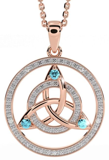 Diamond Aquamarine Rose Gold Silver Celtic Trinity Knot Necklace