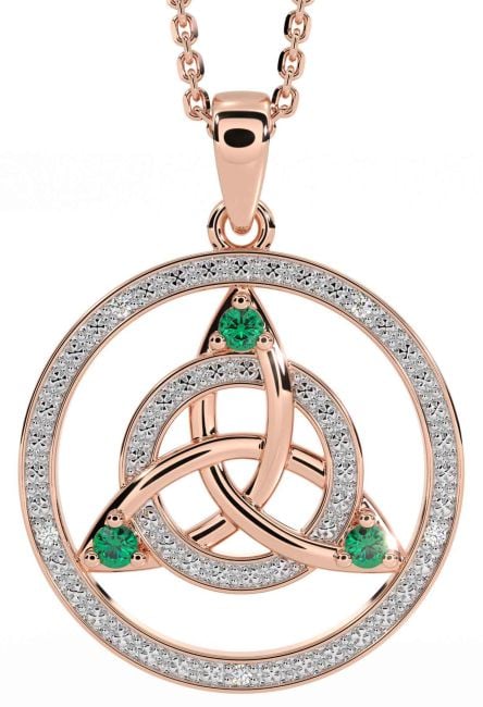 Diamond Emerald Rose Gold Silver Celtic Trinity Knot Necklace