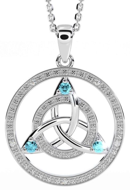 Diamond Aquamarine Silver Celtic Trinity Knot Necklace