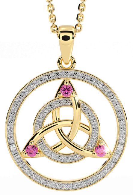 Diamond Pink Tourmaline Gold Celtic Trinity Knot Necklace