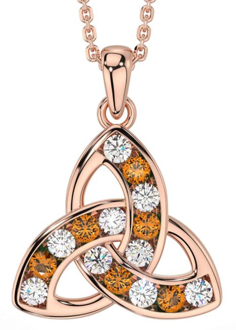 Diamond Citrine Rose Gold Silver Celtic Trinity Knot Necklace