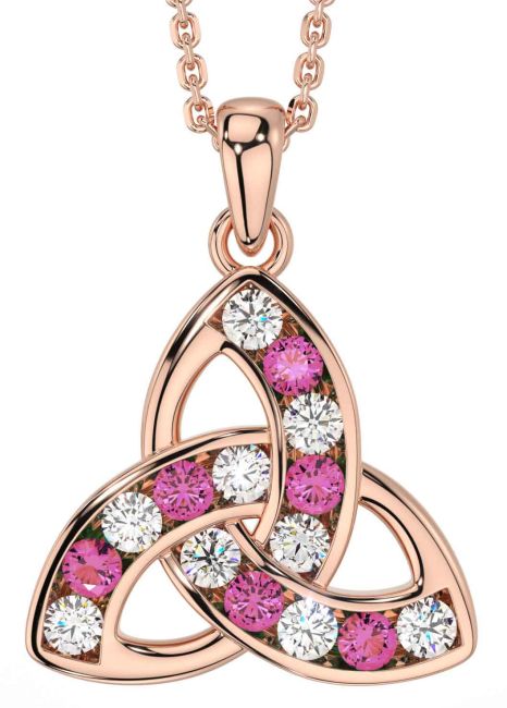 Diamond Pink Tourmaline Rose Gold Celtic Trinity Knot Necklace