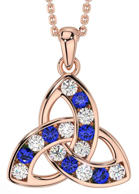 Diamond Sapphire Rose Gold Celtic Trinity Knot Necklace