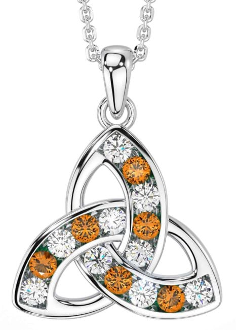 Diamond Citrine Silver Celtic Trinity Knot Necklace